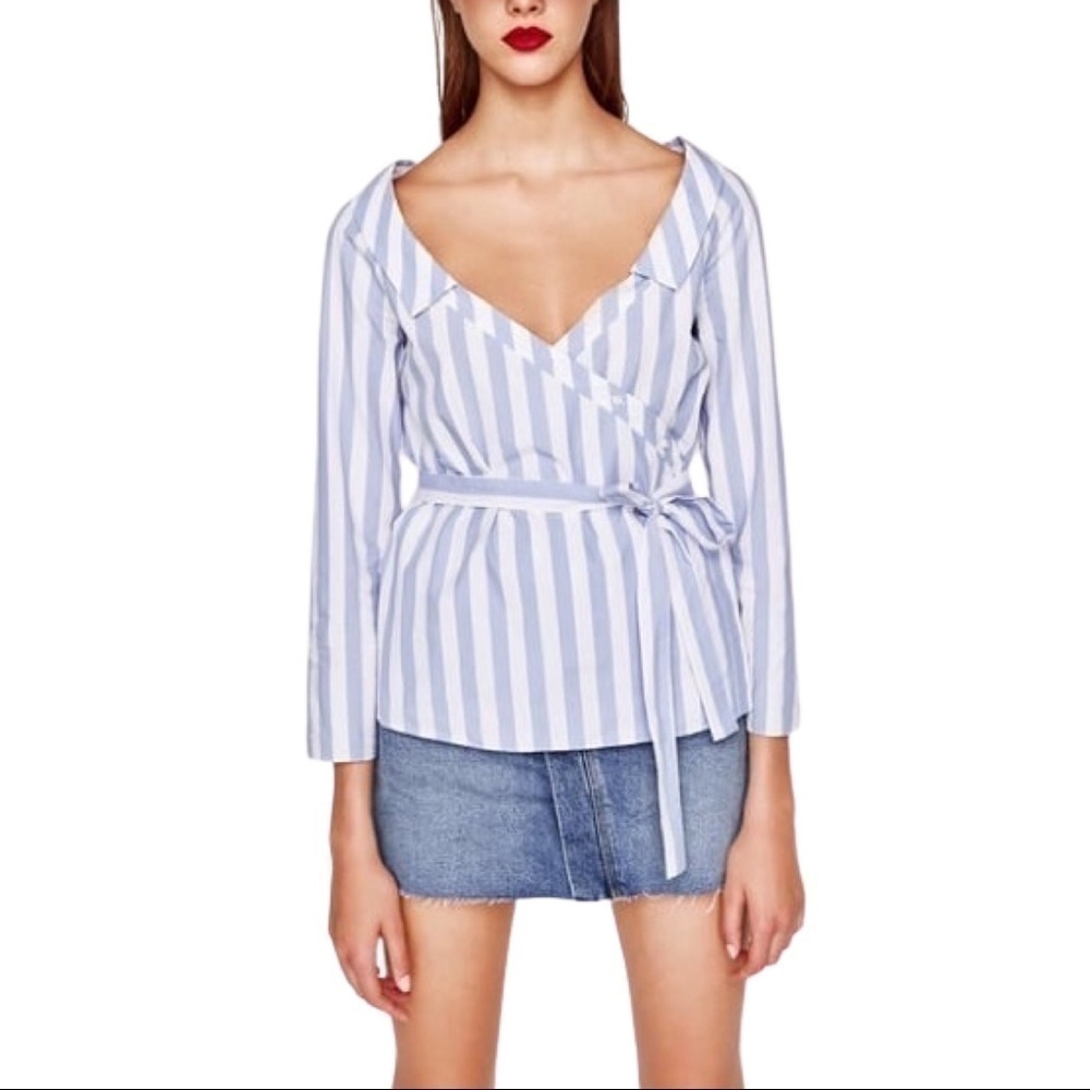Zara Trafaluc Stripes Nautical Collar Wrap Summer Blouse Top